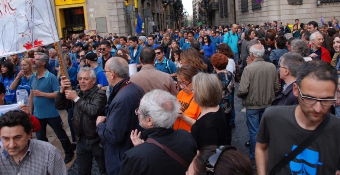 Protesta de trabajadores de Movistar en Barcelona.