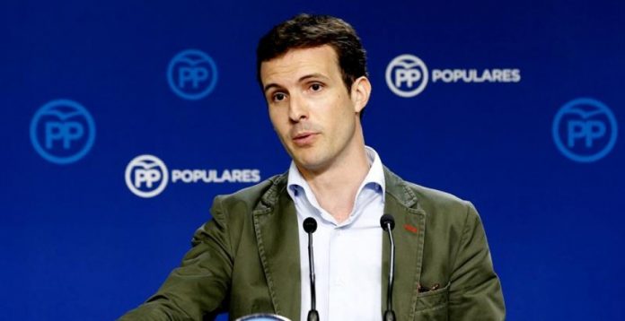 Pablo Casado, durante su comparecencia esta mañana en la sede nacional del PP.