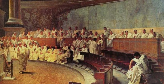 Cicerón acusa en el Senado a Catilina de conspiración para traicionar al Estado.